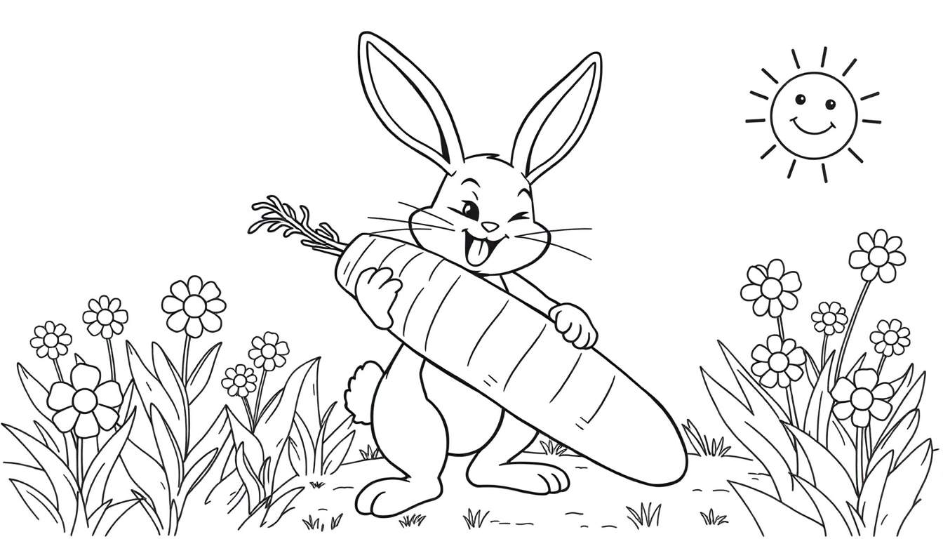 Dibujo a blanco y negro de un conejo feliz guiñando un ojo y sacando la lengua, sosteniendo una zanahoria enorme. Hay flores, hierba y un sol sonriente alrededor.
