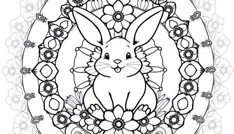 Dibujo para colorear de un conejo sonriente rodeado de un diseño de mandala floral y geométrico.