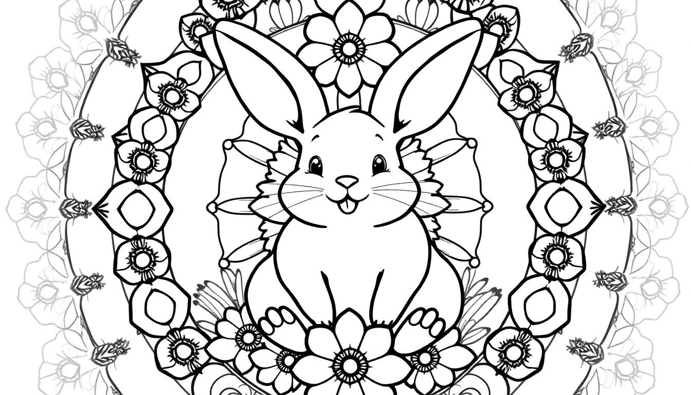 Dibujo para colorear de un conejo sonriente rodeado de un diseño de mandala floral y geométrico.