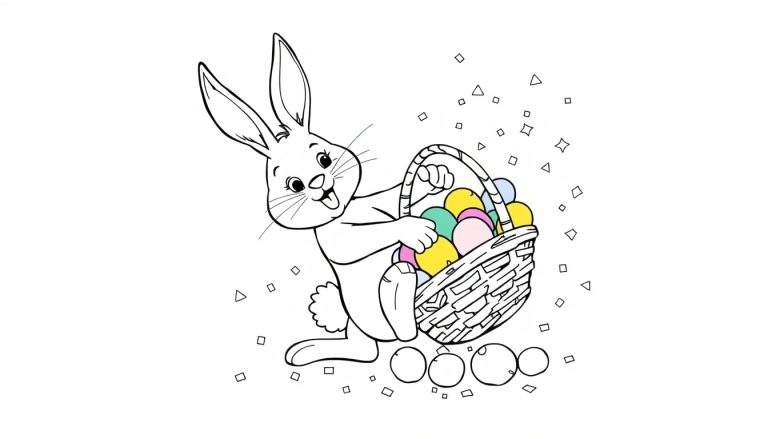 Dibujo lineal de un Conejo de Pascua sonriente sosteniendo una canasta llena de huevos de Pascua de colores pastel, con decoraciones festivas dispersas.