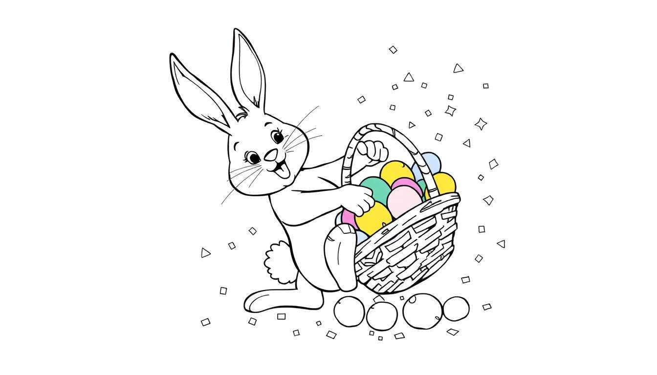 Dibujo lineal de un Conejo de Pascua sonriente sosteniendo una canasta llena de huevos de Pascua de colores pastel, con decoraciones festivas dispersas.