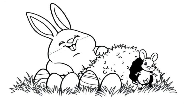 Dibujo a blanco y negro de dos conejos, uno grande sentado en el césped con huevos de Pascua alrededor y uno pequeño saliendo de un agujero en un arbusto.