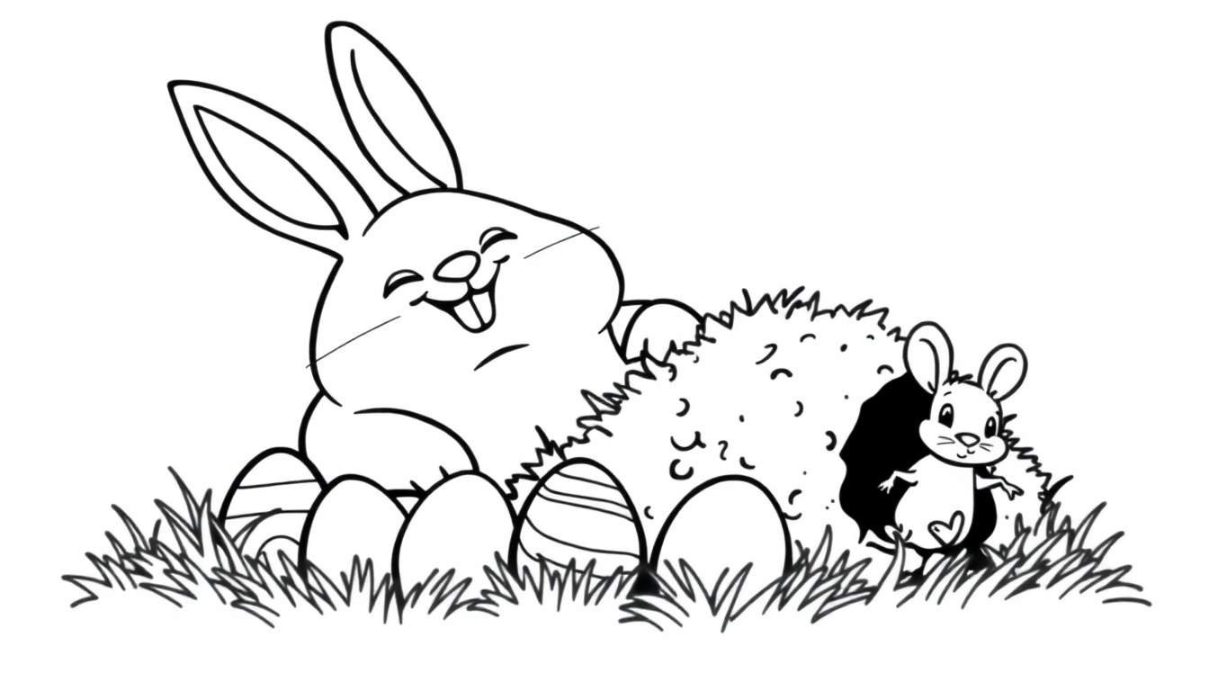 Dibujo a blanco y negro de dos conejos, uno grande sentado en el césped con huevos de Pascua alrededor y uno pequeño saliendo de un agujero en un arbusto.
