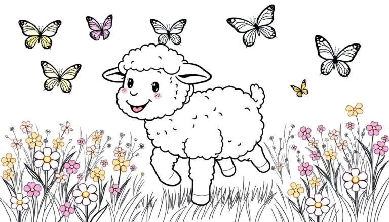 Página para colorear de un corderito blanco saltando en un campo de flores rosadas y amarillas con mariposas amarillas, moradas y negras revoloteando a su alrededor.