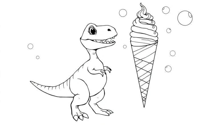 Ilustración para colorear de un dinosaurio feliz junto a un helado con burbujas en el aire.