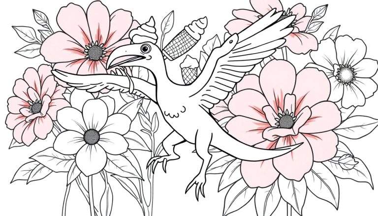 Página para colorear de un dinosaurio alado cubierto de flores y conos de helado en pleno vuelo, con fondo blanco.