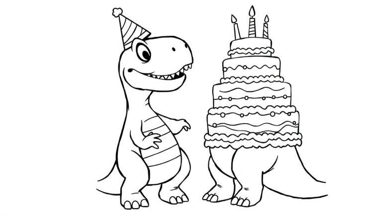 Ilustración en blanco y negro de un dinosaurio feliz con gorro de fiesta junto a un pastel de cumpleaños alto con velas, para colorear.