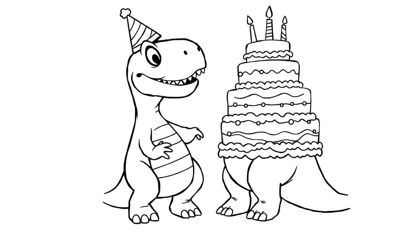 Ilustración en blanco y negro de un dinosaurio feliz con gorro de fiesta junto a un pastel de cumpleaños alto con velas, para colorear.