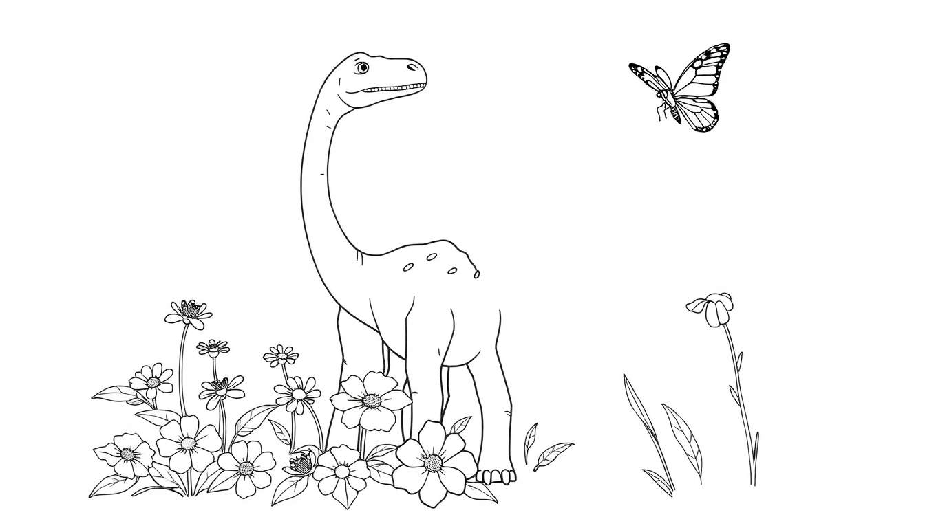 Dibujo a blanco y negro de un dinosaurio herbívoro con cuello largo, cola larga, rodeado de flores y hojas, con una mariposa volando a la derecha, para colorear.