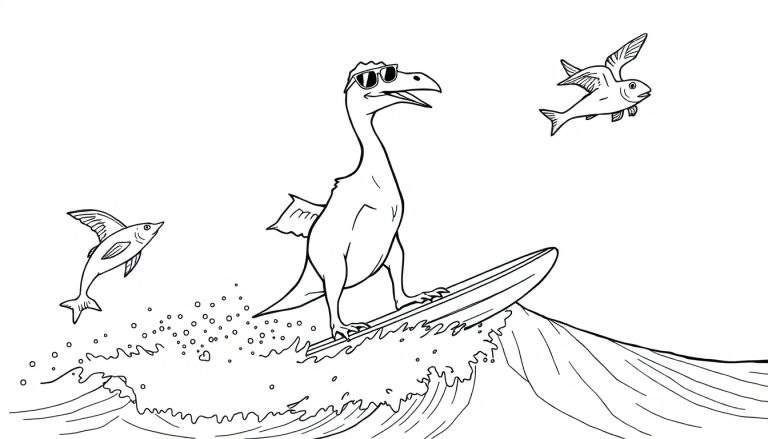 Ilustración para colorear de un dinosaurio amistoso con gafas de sol surfeando una ola, con peces saliendo del agua.
