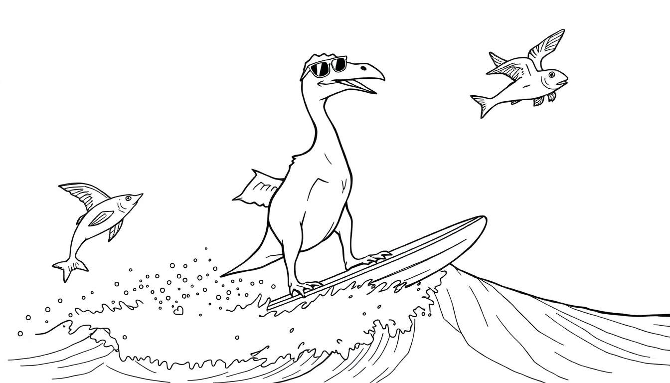 Ilustración para colorear de un dinosaurio amistoso con gafas de sol surfeando una ola, con peces saliendo del agua.