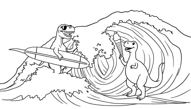 Dibujo lineal en blanco y negro de dos dinosaurios, un T-Rex surfeando con gafas de sol y un dinosaurio más pequeño comiendo helado, ambos en medio de olas marinas.