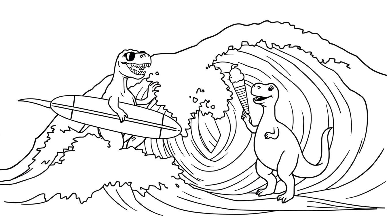 Dibujo lineal en blanco y negro de dos dinosaurios, un T-Rex surfeando con gafas de sol y un dinosaurio más pequeño comiendo helado, ambos en medio de olas marinas.