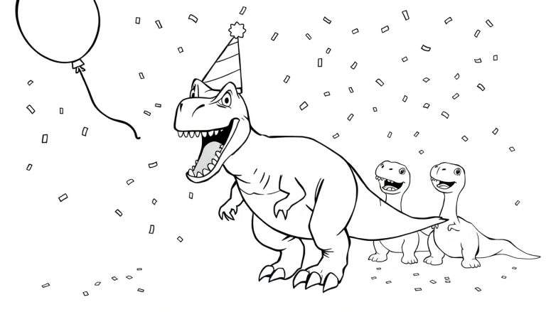 Página para colorear de un grupo de dinosaurios celebrando, con un T-Rex grande y dos pequeños, confeti y un globo.