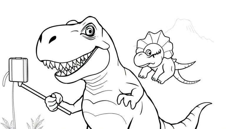 Dibujo para colorear de dos dinosaurios, un T-Rex con selfie stick y un Triceratops posando, con montañas y plantas.