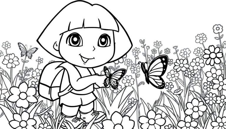 Ilustración para colorear de Dora la Exploradora con una mochila, sonriendo y sosteniendo una mariposa en un campo florido.