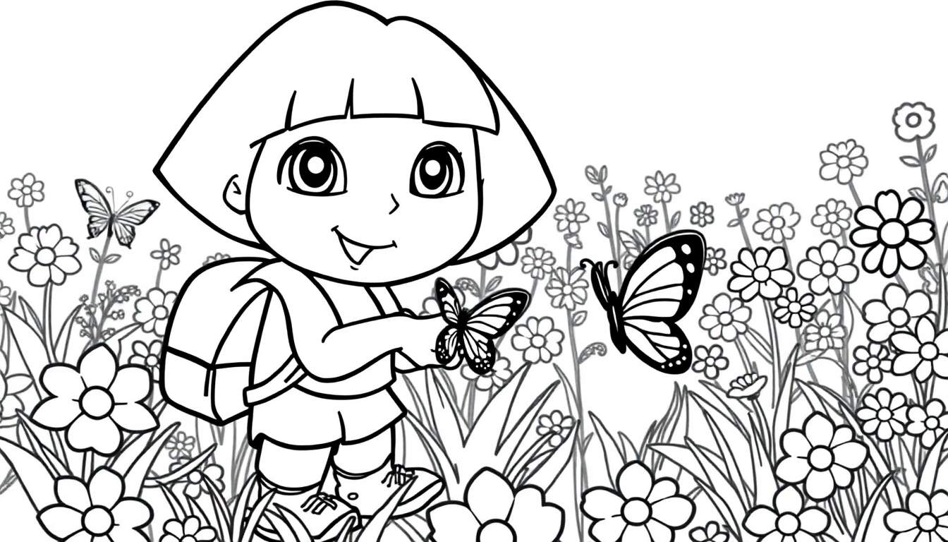 Ilustración para colorear de Dora la Exploradora con una mochila, sonriendo y sosteniendo una mariposa en un campo florido.