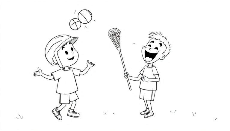 Dibujo en blanco y negro estilo página para colorear de dos niños jugando al aire libre. Un niño con casco mira dos pelotas en el aire, y otro niño con pelo puntiagudo ríe y sostiene un palo de lacrosse.