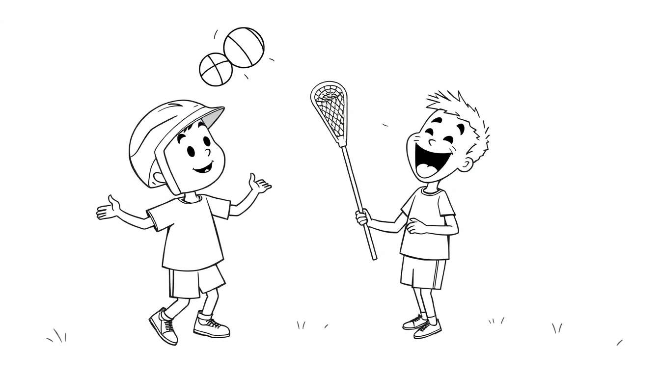 Dibujo en blanco y negro estilo página para colorear de dos niños jugando al aire libre. Un niño con casco mira dos pelotas en el aire, y otro niño con pelo puntiagudo ríe y sostiene un palo de lacrosse.