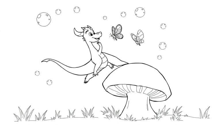 Dibujo lineal para colorear de un dragón feliz extendiendo una mano hacia una mariposa, con una seta grande y burbujas flotando.