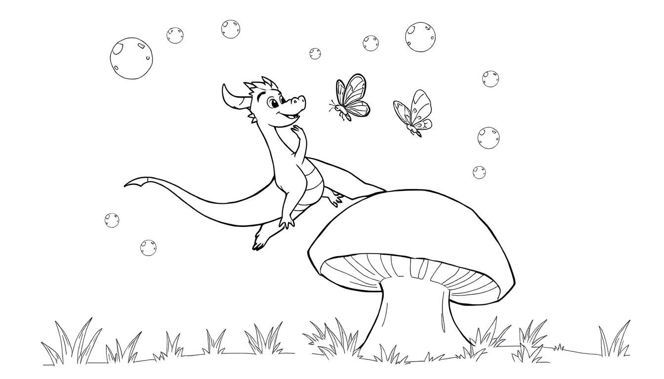 Dibujo lineal para colorear de un dragón feliz extendiendo una mano hacia una mariposa, con una seta grande y burbujas flotando.