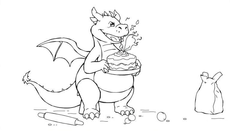 Dibujo a lápiz de un dragón de caricatura sonriente horneando un pastel, soplando fuego como vela sobre él. Hay un rodillo y un saco de harina cerca.
