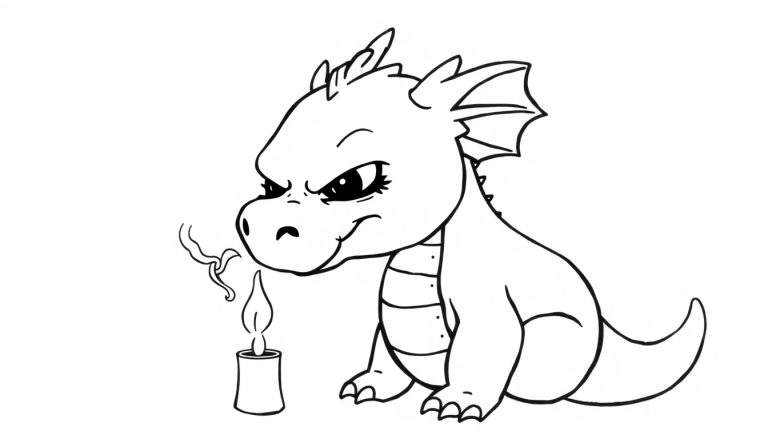 Dibujo a línea de un dragón de historieta sentado frente a una vela encendida, listo para ser coloreado.