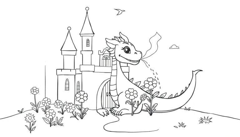 Dibujo a lápiz para colorear de un dragón amigable soplando burbujas frente a un castillo de fantasía con flores y un pájaro volando.