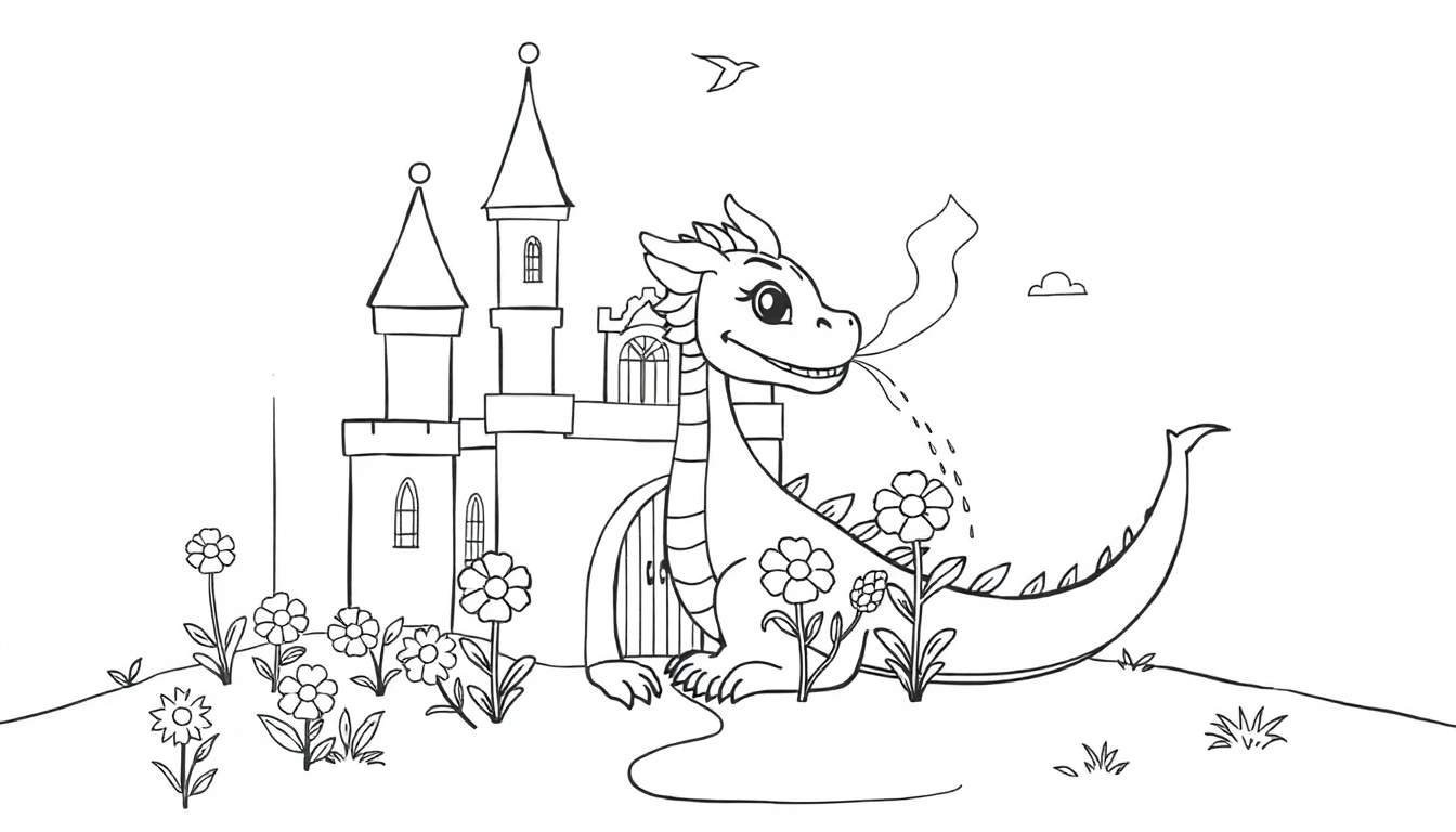 Dibujo a lápiz para colorear de un dragón amigable soplando burbujas frente a un castillo de fantasía con flores y un pájaro volando.