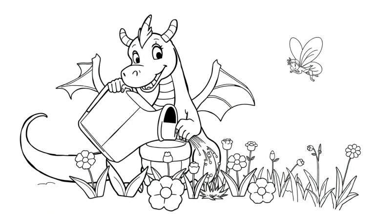 Dibujo para colorear de un dragón sonriente regando flores mientras un hada revolotea a su lado en un jardín.