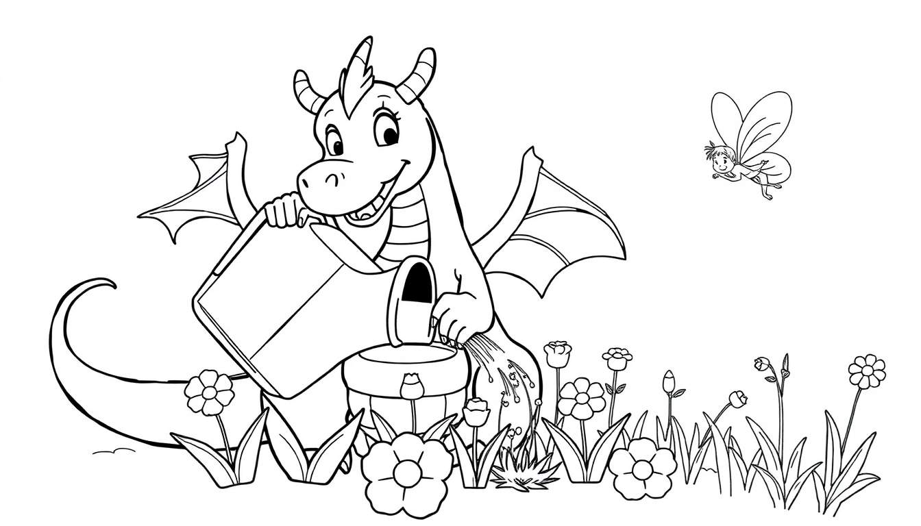 Dibujo para colorear de un dragón sonriente regando flores mientras un hada revolotea a su lado en un jardín.
