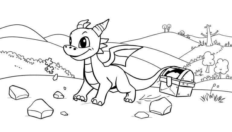 Página para colorear de un dragón bebé con cuernos y alas cerca de un cofre del tesoro abierto en un paisaje con colinas, arbustos, árboles y rocas.