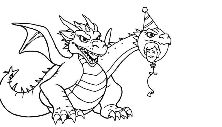 Imagen para colorear de un dragón con alas grandes y escamas, sosteniendo un globo de cumpleaños con cara humana y sombrero.