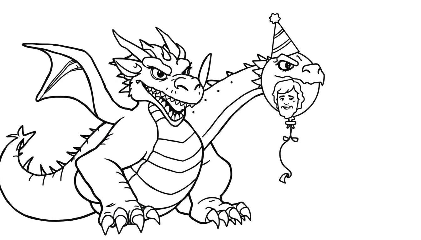 Imagen para colorear de un dragón con alas grandes y escamas, sosteniendo un globo de cumpleaños con cara humana y sombrero.