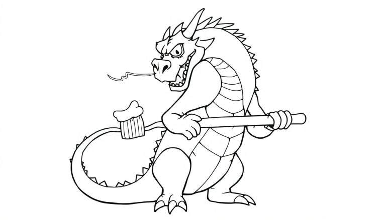Dibujo a blanco y negro de un dragón de caricatura con cara gruñona sosteniendo un palo y con un cupcake en la cola, listo para ser coloreado.