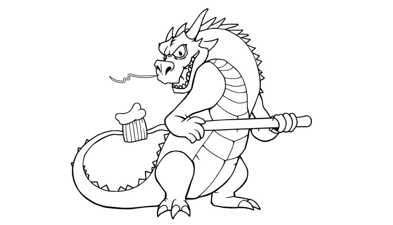 Dibujo a blanco y negro de un dragón de caricatura con cara gruñona sosteniendo un palo y con un cupcake en la cola, listo para ser coloreado.