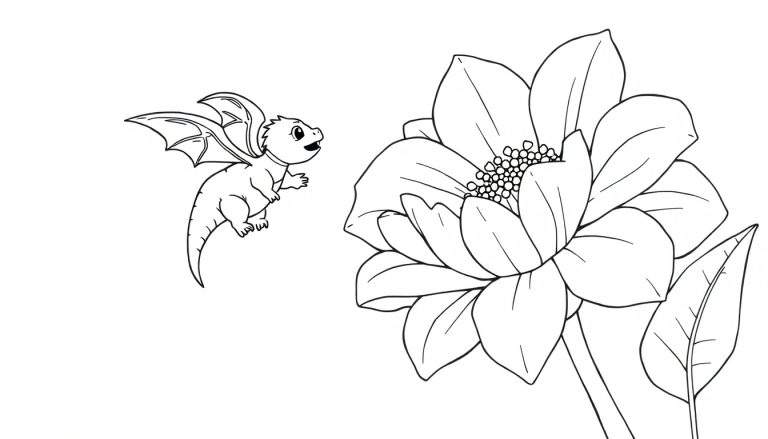 Ilustración para colorear de un pequeño dragón amigable con alas y una flor grande con pétalos.