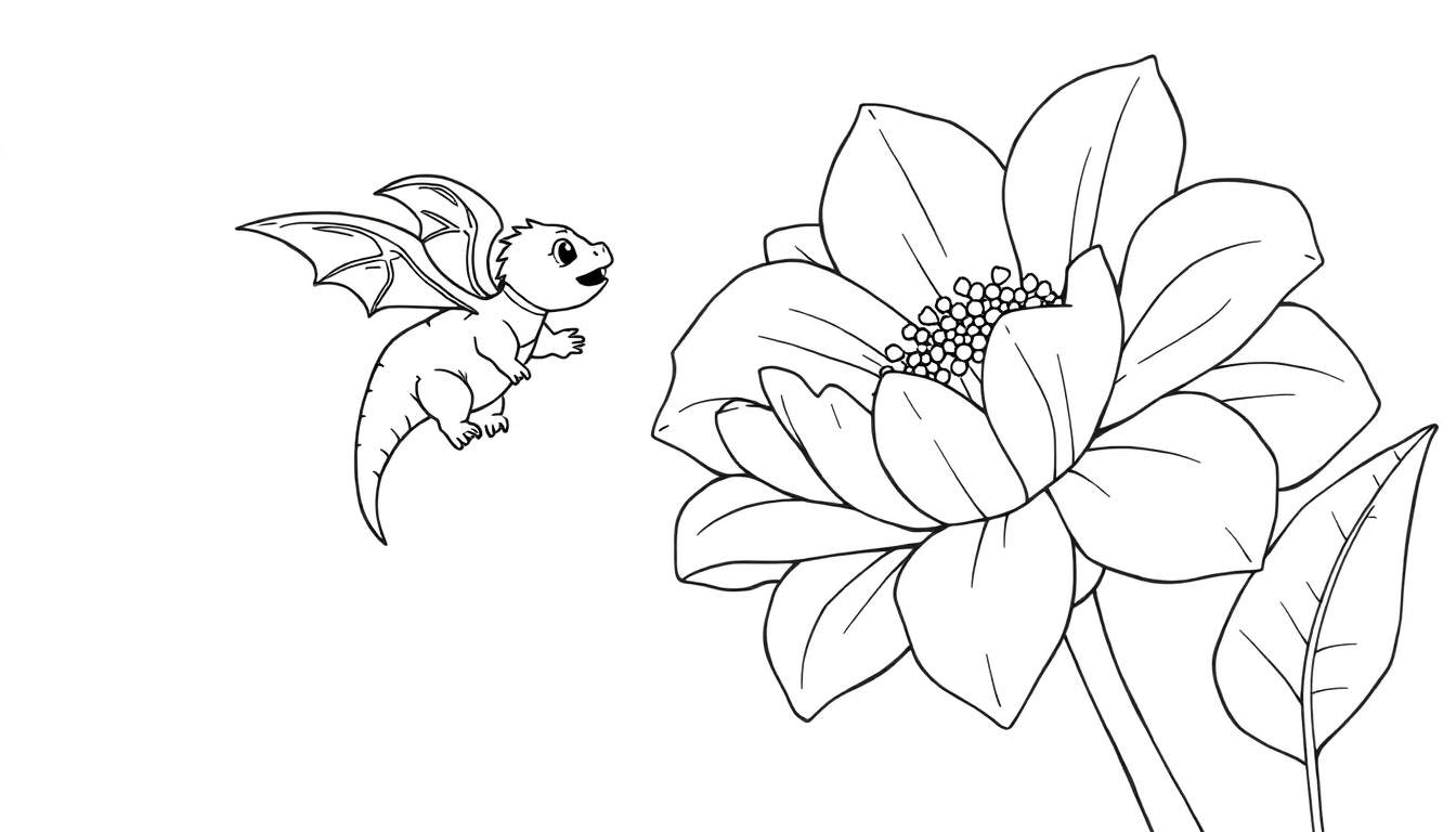Ilustración para colorear de un pequeño dragón amigable con alas y una flor grande con pétalos.