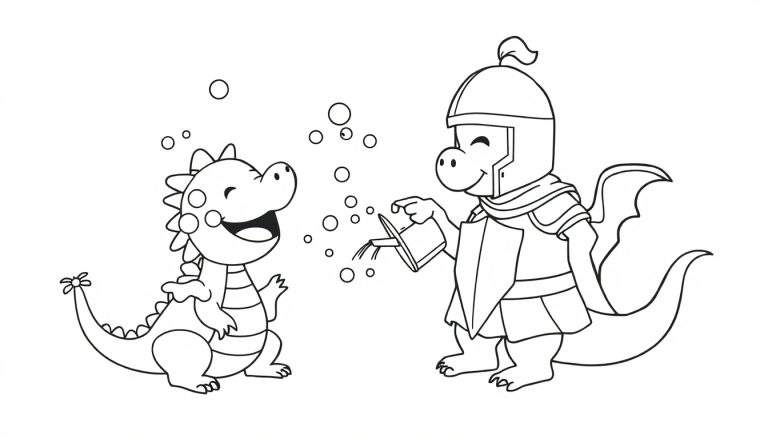 Página para colorear de dos dragones, uno pequeño jugando con burbujas y otro grande vestido de caballero, ambos sonrientes.