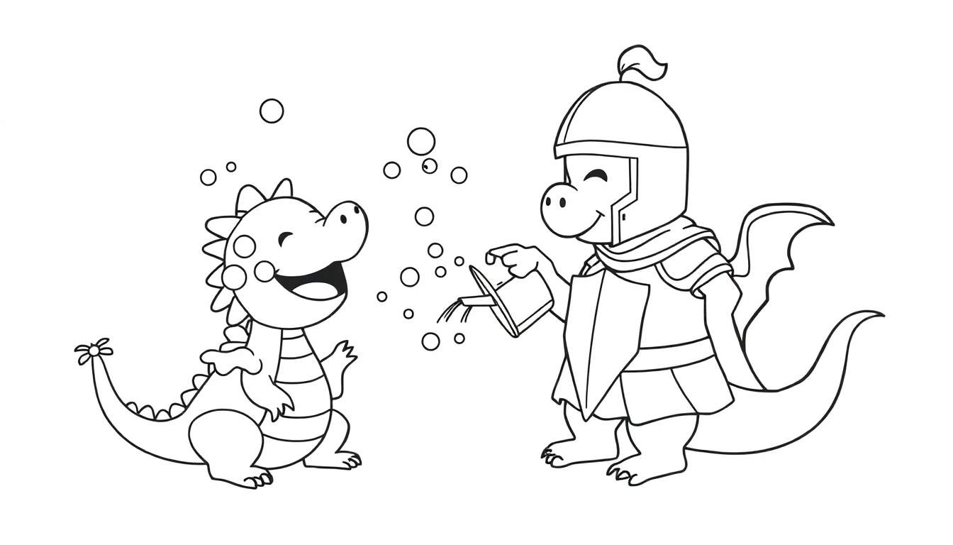 Página para colorear de dos dragones, uno pequeño jugando con burbujas y otro grande vestido de caballero, ambos sonrientes.