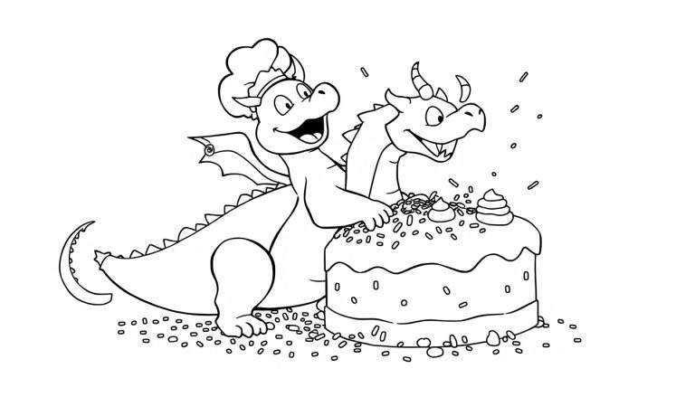 Dos dragones amigables, uno con gorro de chef, decorando un pastel de cumpleaños con chispas. Dibujo lineal en blanco y negro.