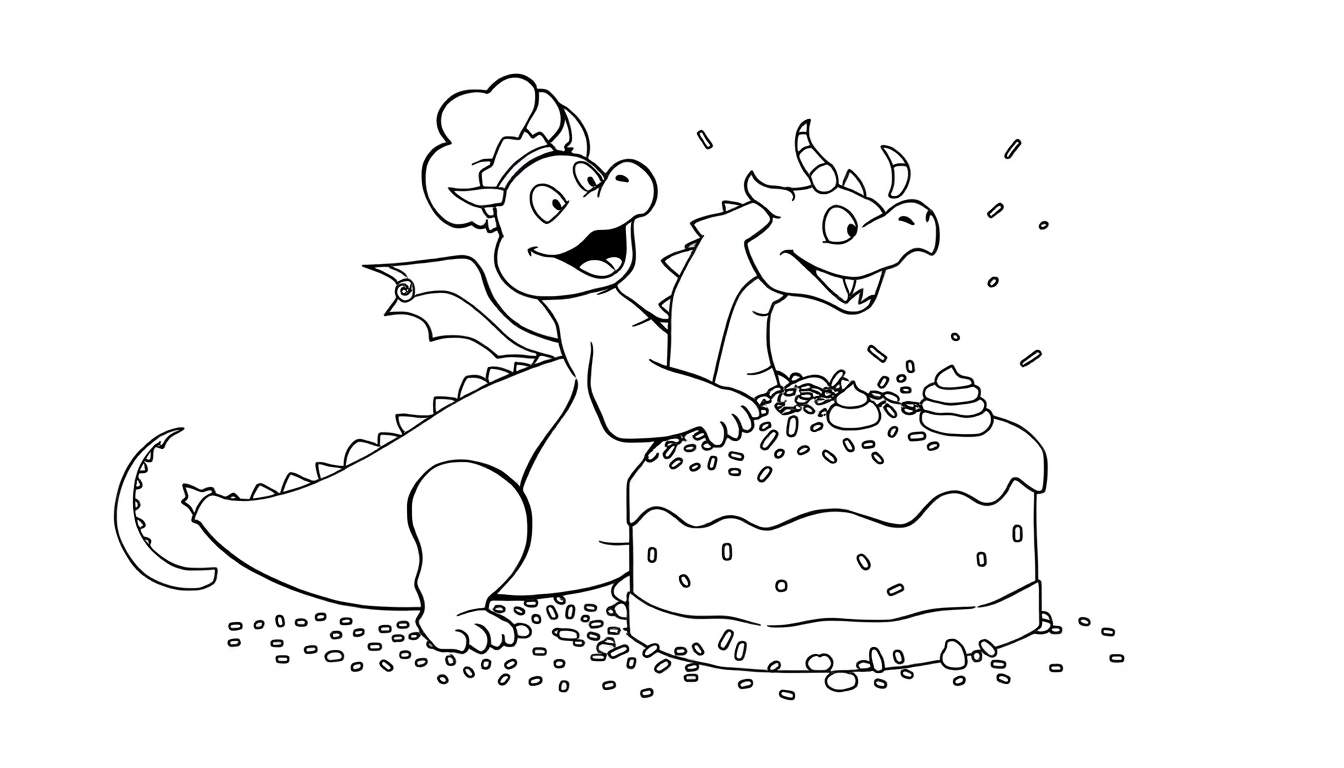 Dos dragones amigables, uno con gorro de chef, decorando un pastel de cumpleaños con chispas. Dibujo lineal en blanco y negro.