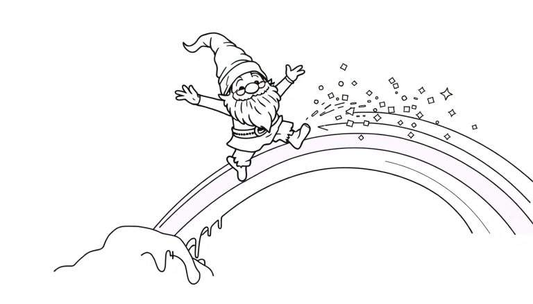 Dibujo para colorear de un duende corriendo feliz sobre un arcoíris con confeti cayendo.