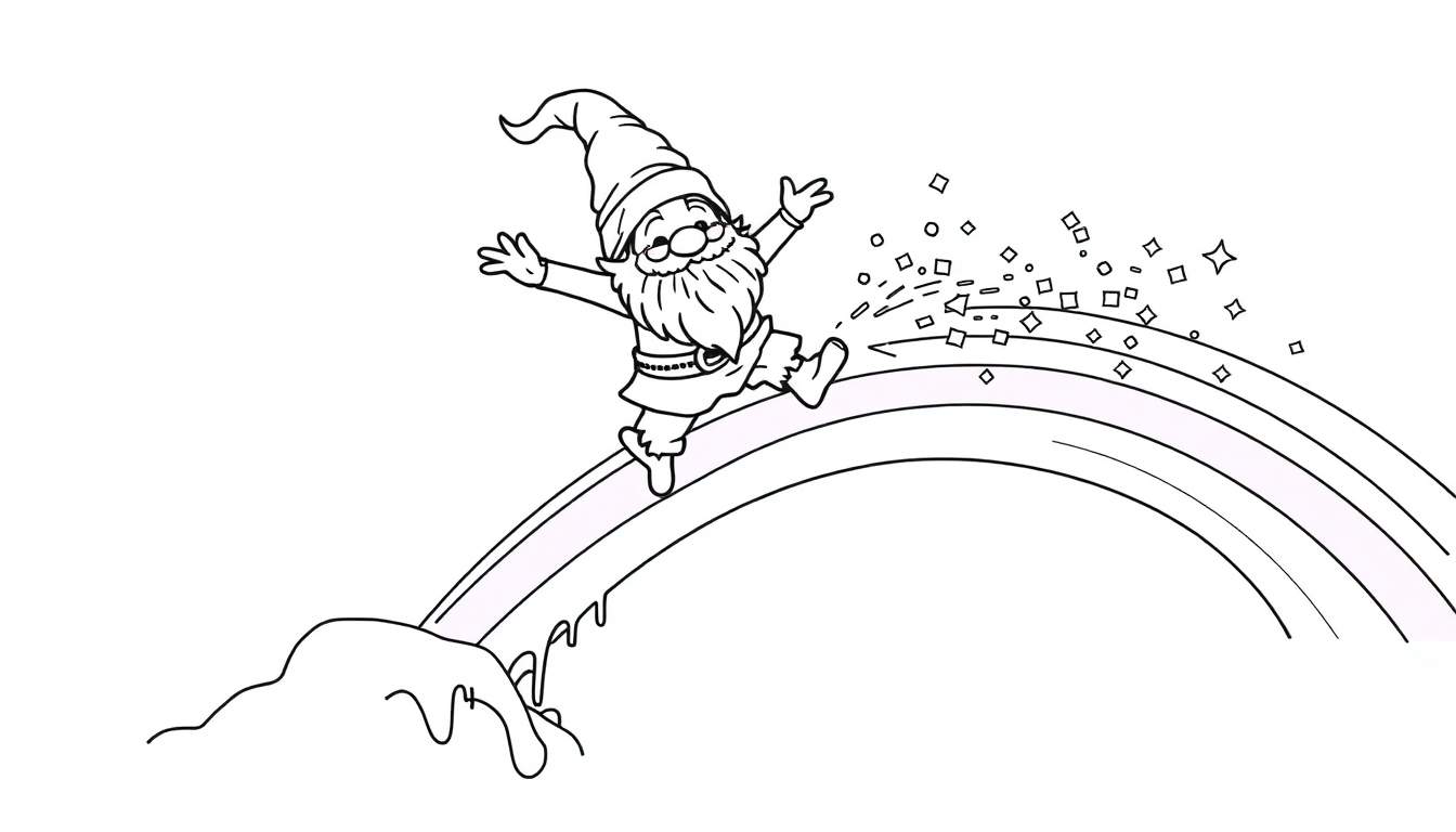 Dibujo para colorear de un duende corriendo feliz sobre un arcoíris con confeti cayendo.