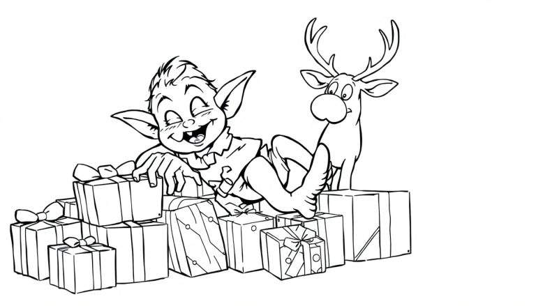 Ilustración en blanco y negro de un duende feliz tumbado sobre regalos de Navidad y un reno sorprendido.