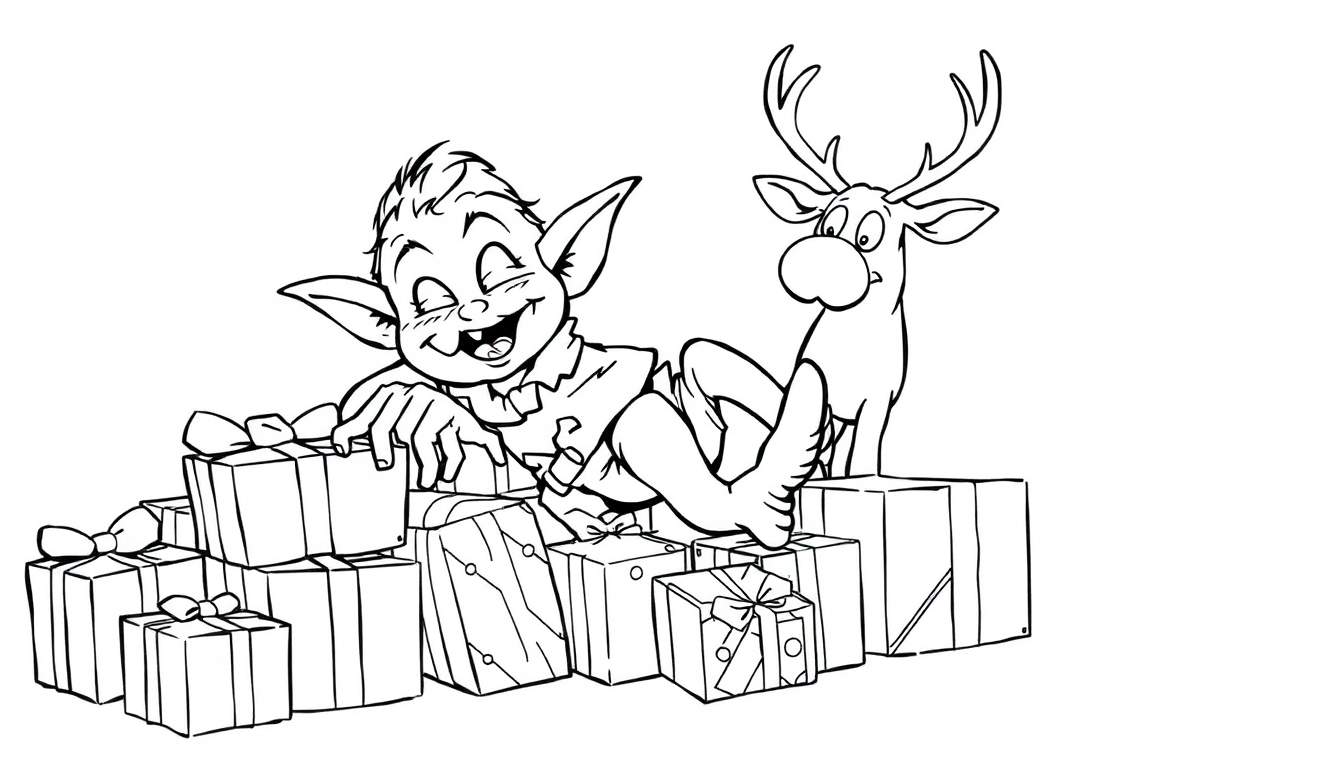 Ilustración en blanco y negro de un duende feliz tumbado sobre regalos de Navidad y un reno sorprendido.
