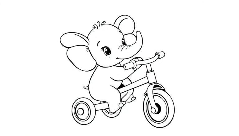Dibujo en blanco y negro de un elefante bebé montando una bicicleta de tres ruedas, listo para ser coloreado.