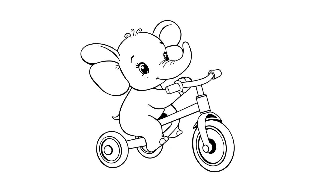 Dibujo en blanco y negro de un elefante bebé montando una bicicleta de tres ruedas, listo para ser coloreado.