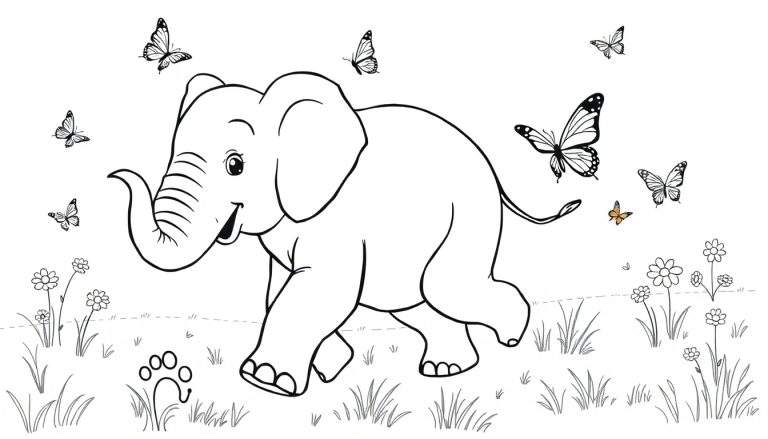 Ilustración en blanco y negro de un elefante bebé sonriendo y bailando rodeado de mariposas y flores, lista para ser coloreada.