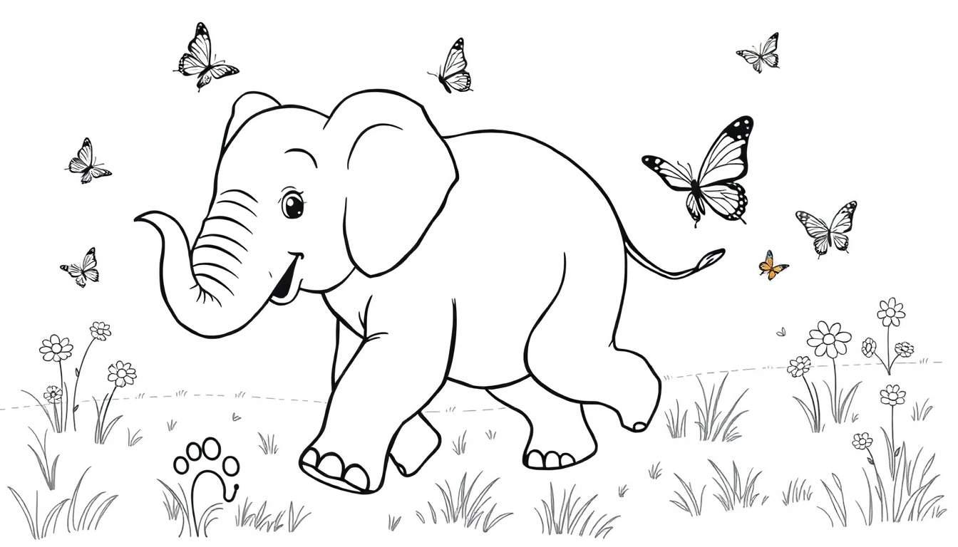 Ilustración en blanco y negro de un elefante bebé sonriendo y bailando rodeado de mariposas y flores, lista para ser coloreada.